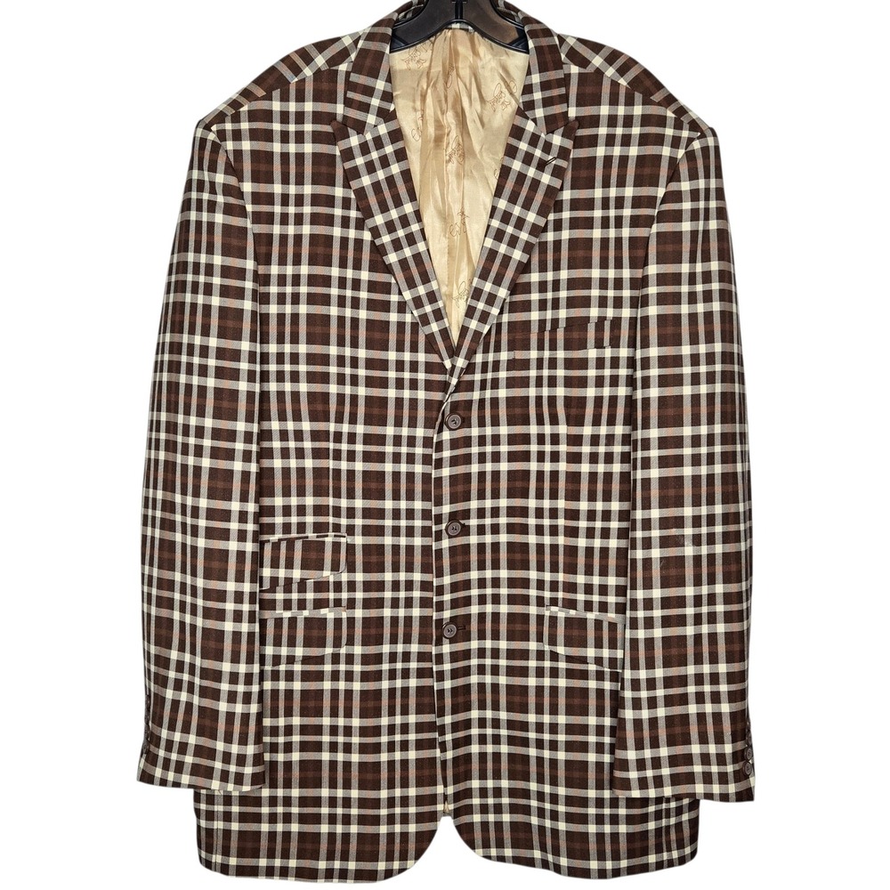 E.J. Samuel Men's Brown Plaid Metallic Tweed 3-Button Blazer Suit Jacket 46L